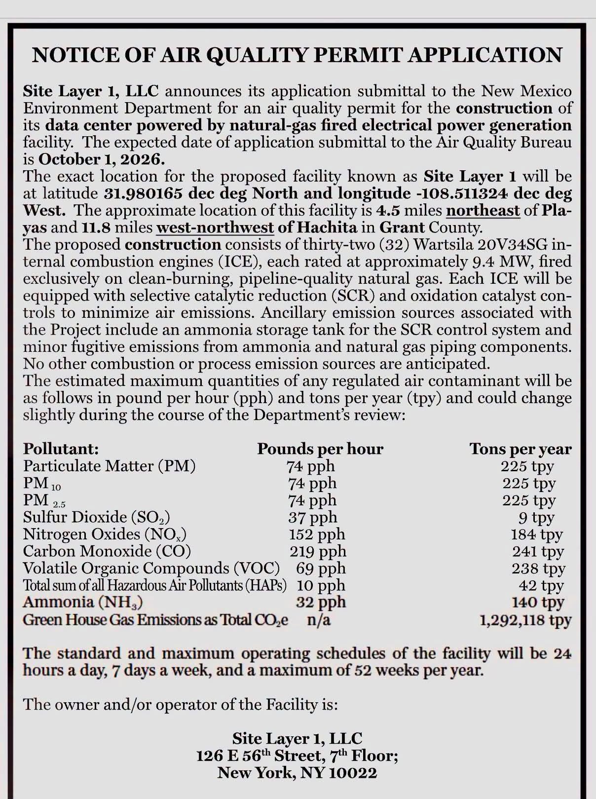 Site Layer 1 notice excerpt with proposed location, 32 gas engines, estimated emissions, operating schedule, and applicant address.