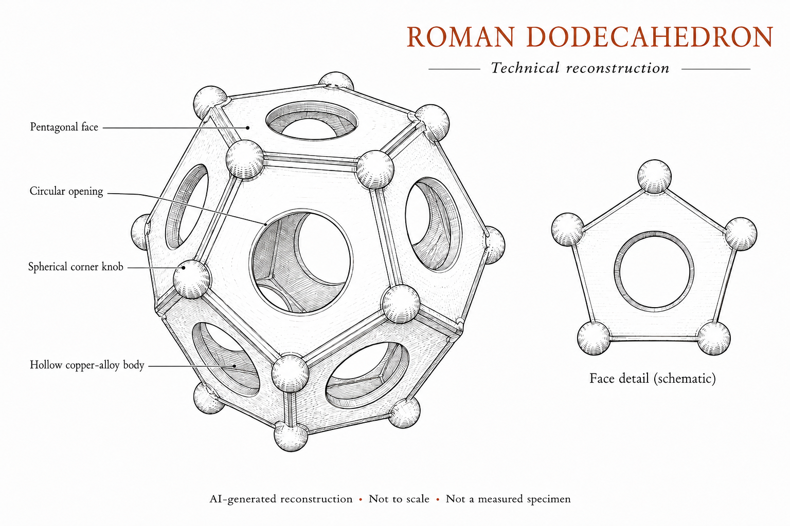 AI-generated technical reconstruction of a Roman dodecahedron showing pierced pentagonal faces, rounded corner knobs, a hollow body, and a separate face detail.