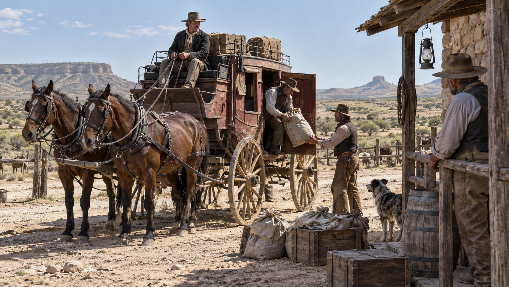 Illustrated historical reconstruction for The Butterfield Route Crossed the South to Reach California.