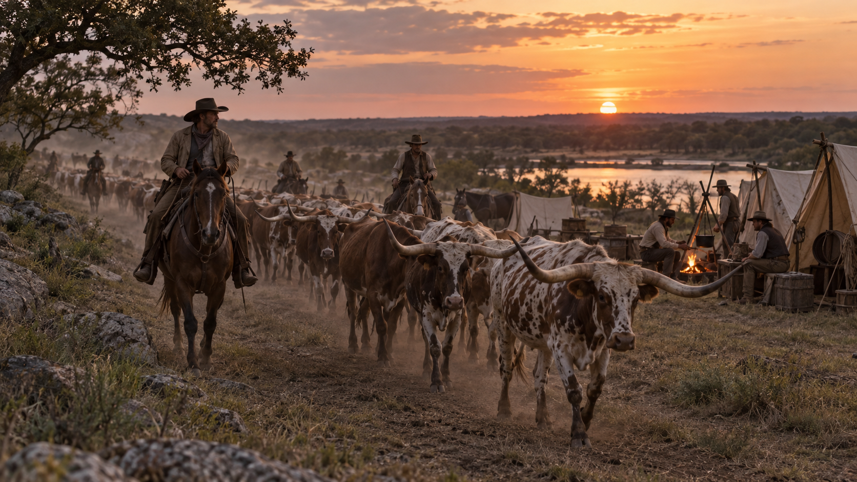 Illustrated historical reconstruction for The Chisholm Trail Was a Moving Market, Not Just a Cowboy Road.