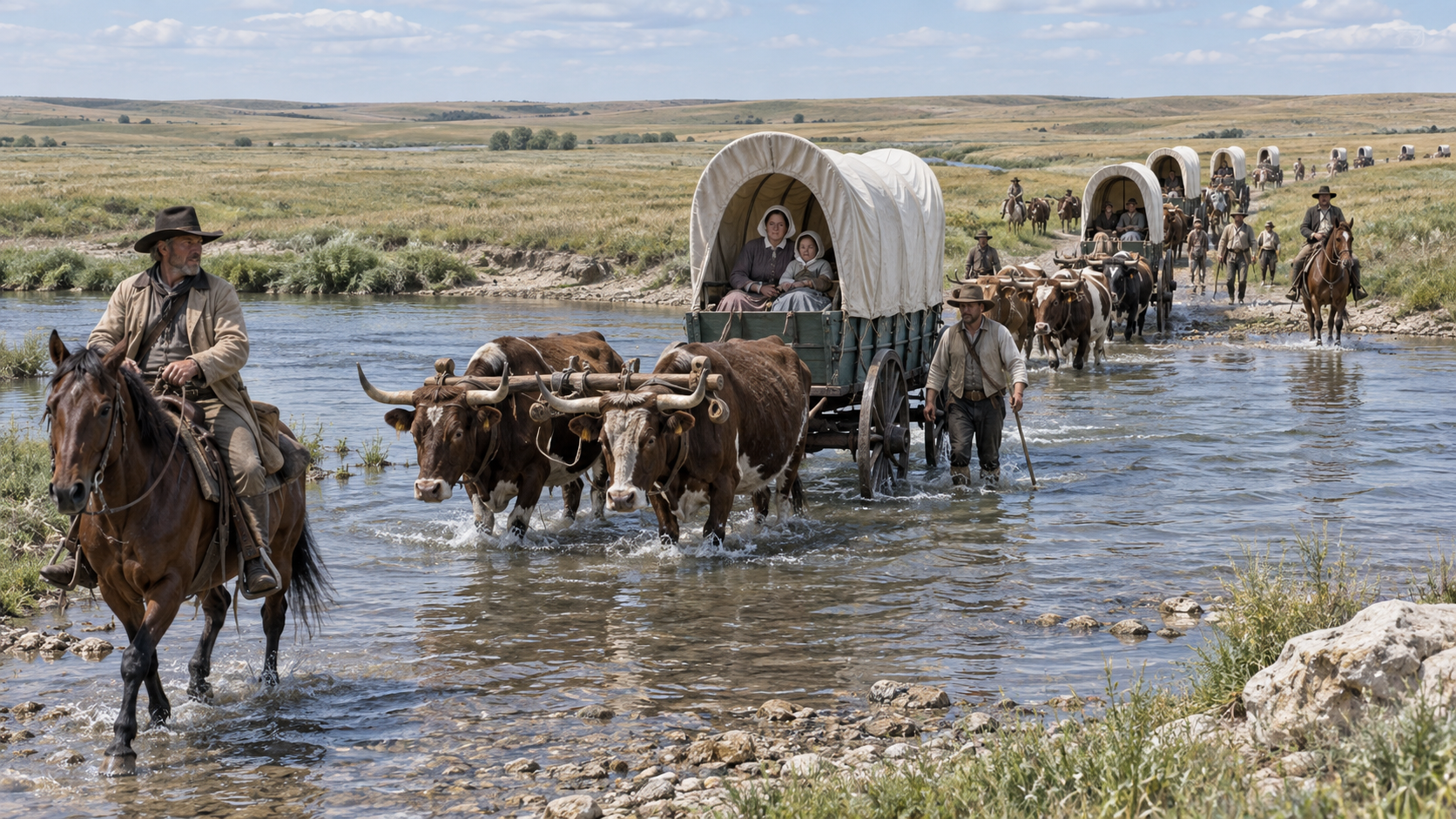 Illustrated historical reconstruction for The Santa Fe Trail Began as a Trade Route, Not a Wagon-Train Myth.